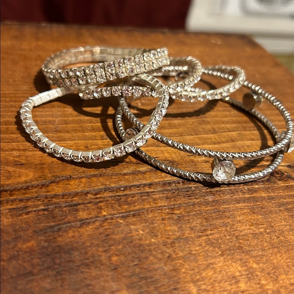 Silver Tone Rhinestone Bangle 5 pc Set - Picture 2 of 4
